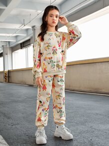 SHEIN 少女字母和卡通圖形下垂肩連帽衫和汗褲 - 杏色 - 查看 3