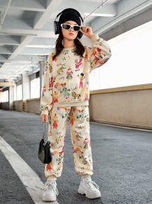 SHEIN 少女字母和卡通圖形下垂肩連帽衫和汗褲 - 杏色 - 查看 4