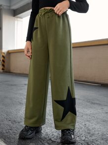 SHEIN Tween Girl High-Waisted Casual Knitted Fabric Wide-Leg Sweatpants, Star Printed & Waist Drawstring Detail - Army Green - View 5