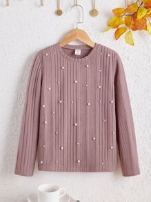 SHEIN 少女珍珠串珠圓領針織t卹 - 藕粉色 - 查看 1