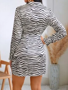 Zebra Striped Wrap Dress - Black and White - View 2
