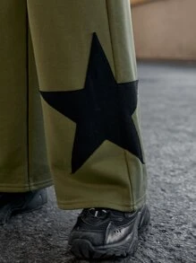 SHEIN Tween Girl High-Waisted Casual Knitted Fabric Wide-Leg Sweatpants, Star Printed & Waist Drawstring Detail - Army Green - View 6