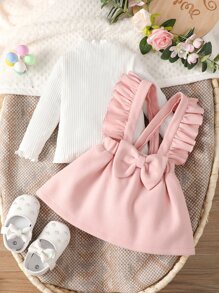SHEIN Baby Lettuce Trim Tee & Bow Front Ruffle Trim Pinafore Dress - Multicolor - View 3