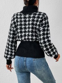 SHEIN Privé Jersey con patrón de pata de gallo cuello alto de hombros caídos - Negro - Ver 2