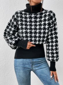 SHEIN Privé Jersey con patrón de pata de gallo cuello alto de hombros caídos - Negro - Ver 1