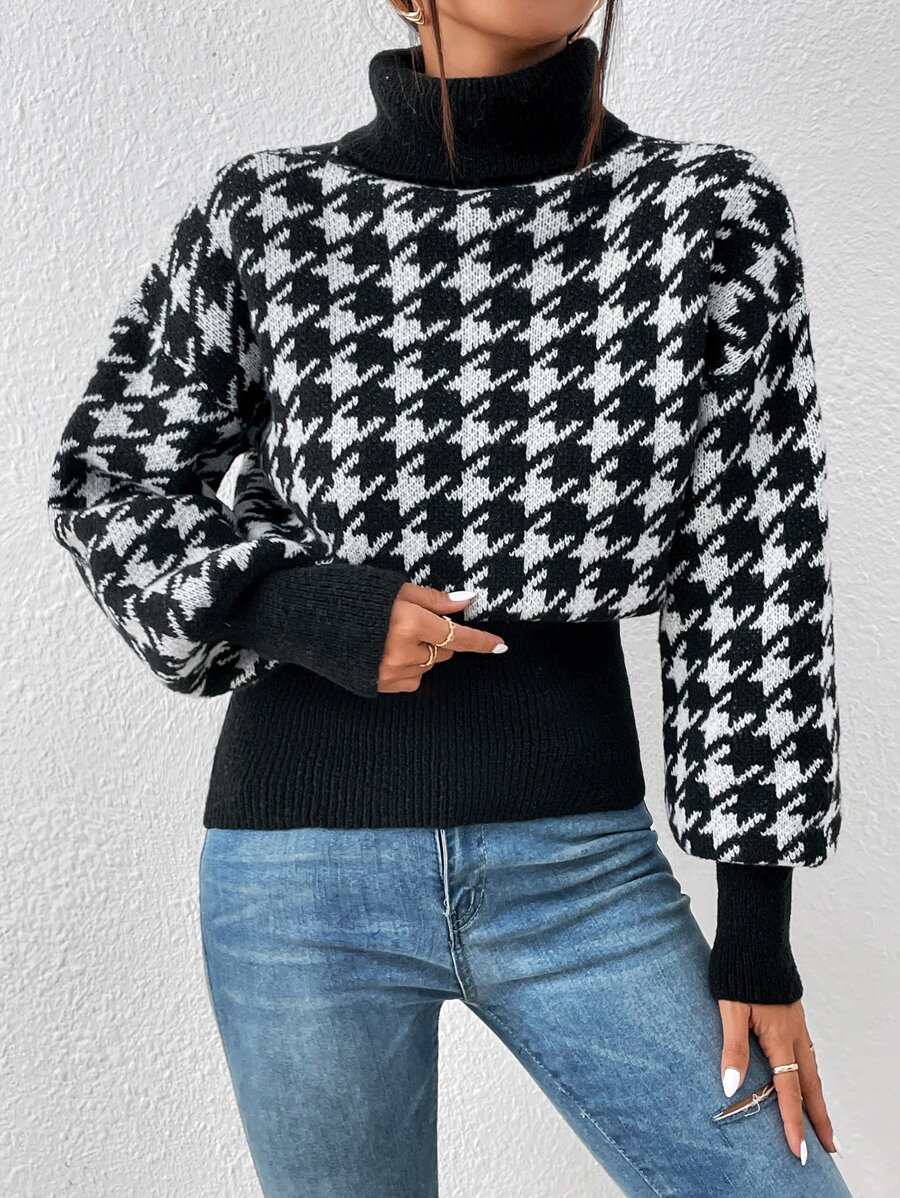 SHEIN Privé Jersey con patrón de pata de gallo cuello alto de hombros caídos - Negro - Ver 1