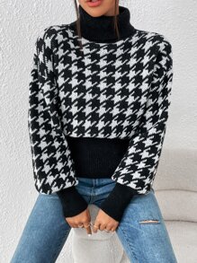 SHEIN Privé Jersey con patrón de pata de gallo cuello alto de hombros caídos - Negro - Ver 4