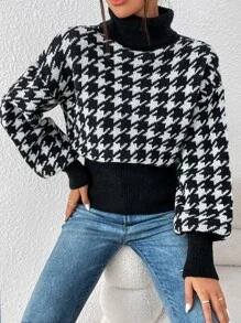 SHEIN Privé Jersey con patrón de pata de gallo cuello alto de hombros caídos - Negro - Ver 5