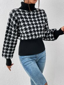 SHEIN Privé Jersey con patrón de pata de gallo cuello alto de hombros caídos - Negro - Ver 6