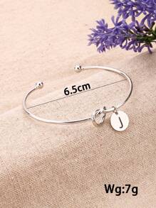1pc Letter Detail Disc Charm Cuff Bangle, Stainless Steel Jewelry - Silver - View 3