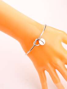 1pc Letter Detail Disc Charm Cuff Bangle, Stainless Steel Jewelry - Silver - View 4