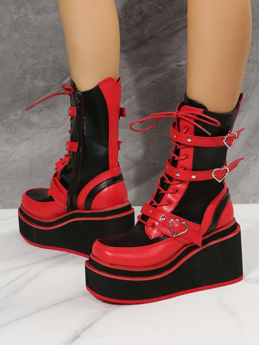 Two Tone Buckle Decor Lace-up Front Zipper Side Wedge Boots - Multicolor - View 1