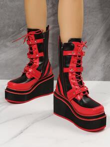 Two Tone Buckle Decor Lace-up Front Zipper Side Wedge Boots - Multicolor - View 4