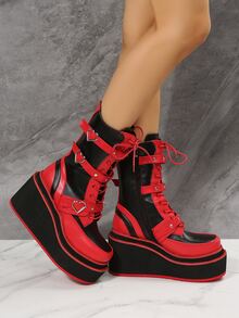 Two Tone Buckle Decor Lace-up Front Zipper Side Wedge Boots - Multicolor - View 5