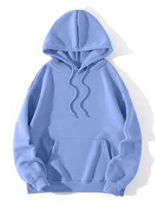 SHEIN EZwear Slogan Graphic Kangaroo Pocket Drawstring Thermal Lined Hoodie - Baby Blue - View 2