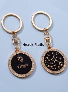 水鑽裝飾處女座象徵細節圓形吊飾鑰匙圈 - 黑色 - 查看 4