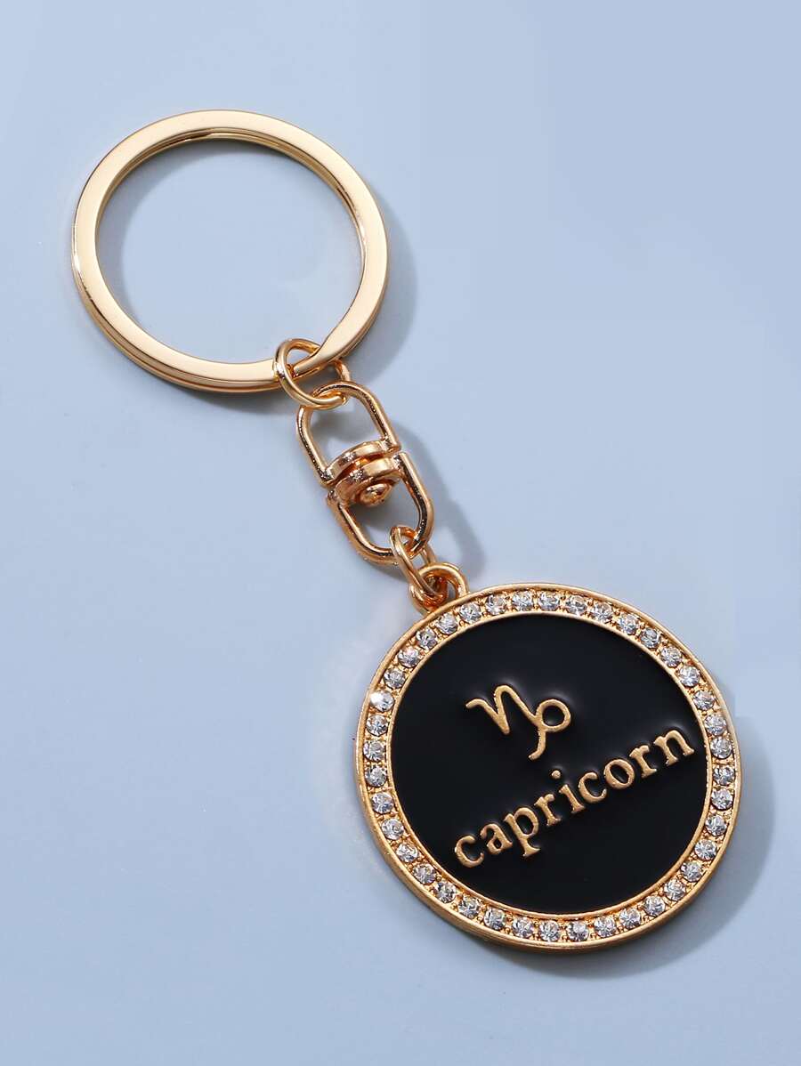 Capricornus Letter Detail Rhinestone Decor Round Charm Keychain - Black - View 1