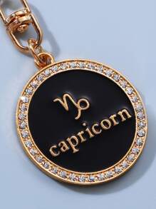 Capricornus Letter Detail Rhinestone Decor Round Charm Keychain - Black - View 2