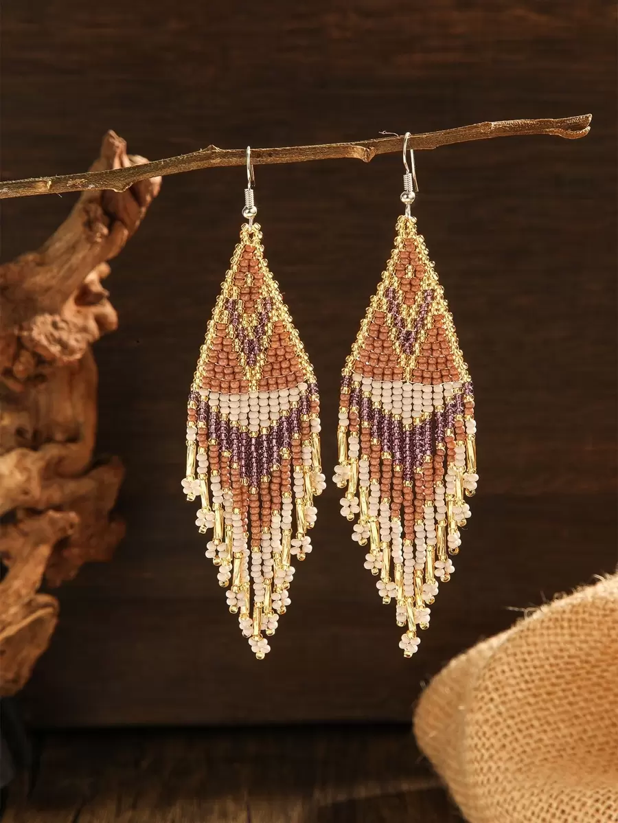 Bead Tassel Drop Earrings - Multicolor - View 1