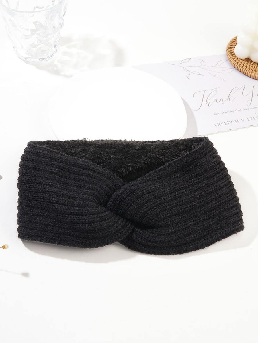 扭結設計毛絨襯裡髮帶 - 黑色 - 查看 1