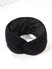 扭結設計毛絨襯裡髮帶 - 黑色 - 查看 5