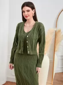 Modelyn 麻花編織落肩袖開襟衫和毛衣裙 - 軍綠色 - 查看 4