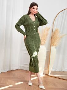 Modelyn 麻花編織落肩袖開襟衫和毛衣裙 - 軍綠色 - 查看 6
