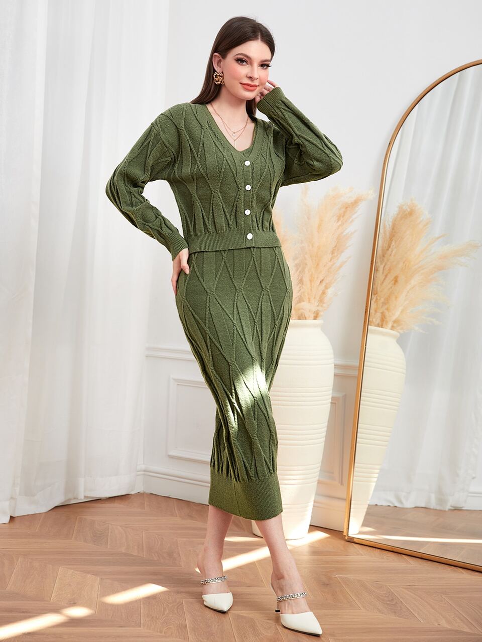 Cable Knit Drop Shoulder Cardigan & Sweater Dress 2 Piece Set Fall Cloth For Women