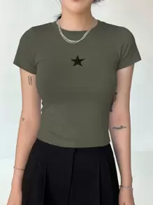 DAZY Camiseta Corta Con Estampado De Estrellas - Verde militar - Ver 5