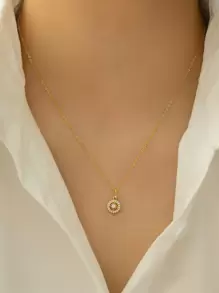 Shescity 1 chiếc vòng cổ mặt dây chuyền hình la bàn mạ vàng đồng, đính đá Zirconia, kiểu dáng tối giản sang trọng dành cho nữ. - Vàng - Xem 1