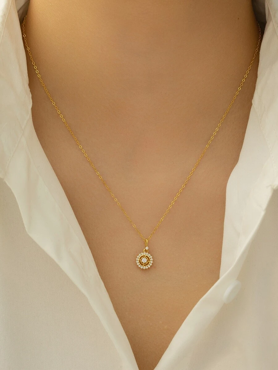 Shescity 1 chiếc vòng cổ mặt dây chuyền hình la bàn mạ vàng đồng, đính đá Zirconia, kiểu dáng tối giản sang trọng dành cho nữ. - Vàng - Xem 1