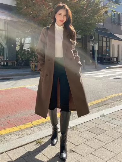 DAZY Dual Pocket Lapel Collar Drop Shoulder Double Breasted Overcoat Women Jacket,Fall Women Clothes