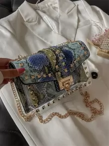Snakeskin Pattern Chain Square Bag - Blue - View 2