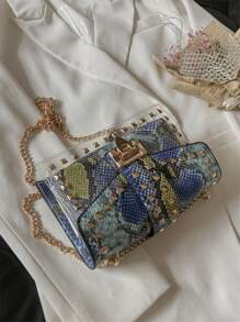 Snakeskin Pattern Chain Square Bag - Blue - View 3