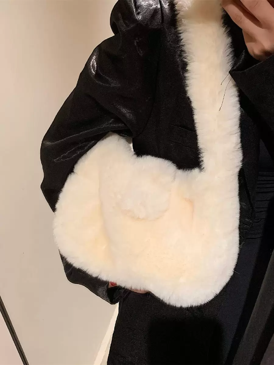 Fuzzy, Soft, Plush Minimalist Fluffy Hobo Bag For Girls, Women, College Students, Rookies & White-collar Workers For Work, Office, Commute, For Autumn & Winter, Warm Winter, Outdoors - White - View 1
