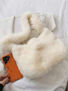 Fuzzy, Soft, Plush Minimalist Fluffy Hobo Bag For Girls, Women, College Students, Rookies & White-collar Workers For Work, Office, Commute, For Autumn & Winter, Warm Winter, Outdoors - White - View 4