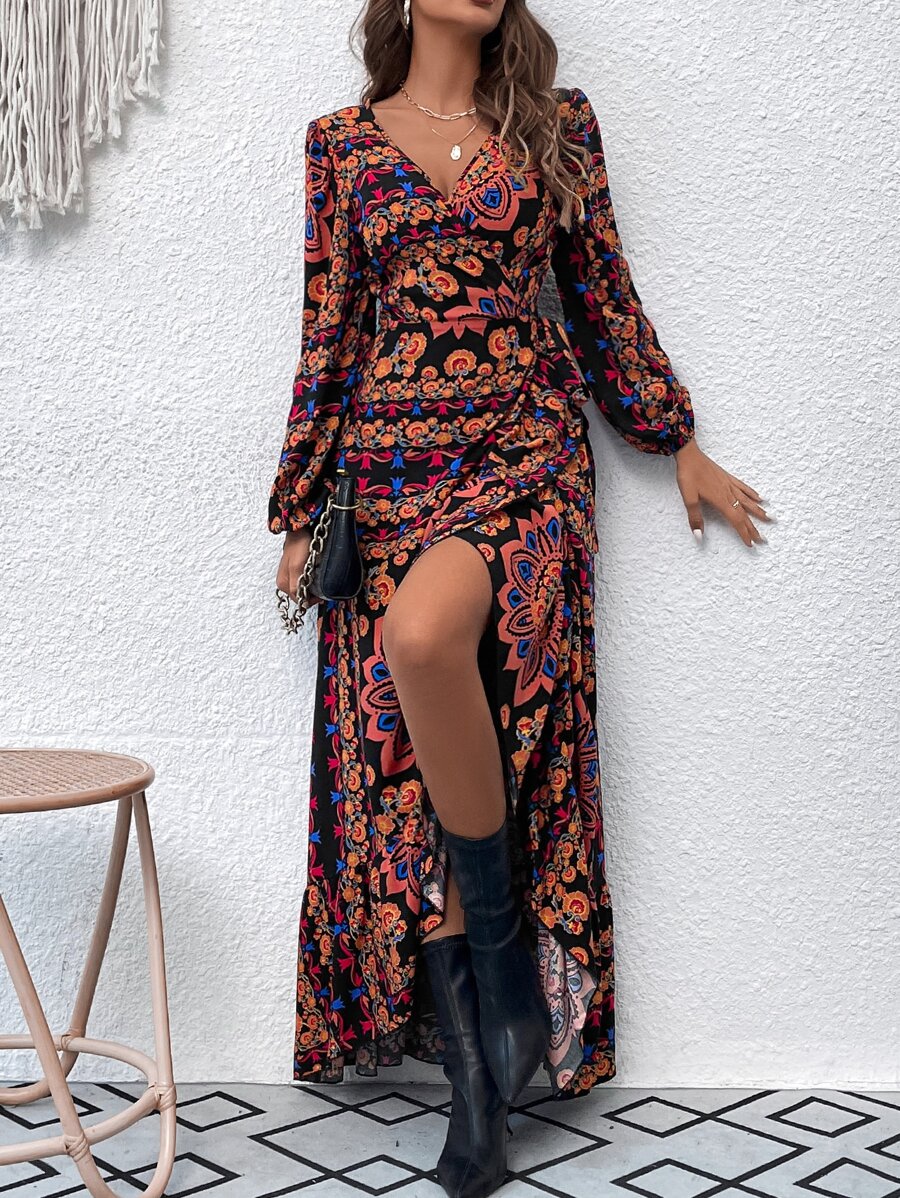 SHEIN VCAY Đầm Maxi Quấn Phía Trước Tay Áo Thắt Nút Họa Tiết Hoa Cho Nữ - Nhiều màu - Xem 1