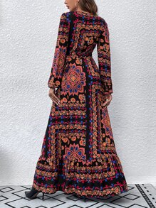 SHEIN VCAY Đầm Maxi Quấn Phía Trước Tay Áo Thắt Nút Họa Tiết Hoa Cho Nữ - Nhiều màu - Xem 2