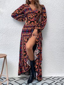 SHEIN VCAY Đầm Maxi Quấn Phía Trước Tay Áo Thắt Nút Họa Tiết Hoa Cho Nữ - Nhiều màu - Xem 3