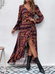 SHEIN VCAY Đầm Maxi Quấn Phía Trước Tay Áo Thắt Nút Họa Tiết Hoa Cho Nữ - Nhiều màu - Xem 4