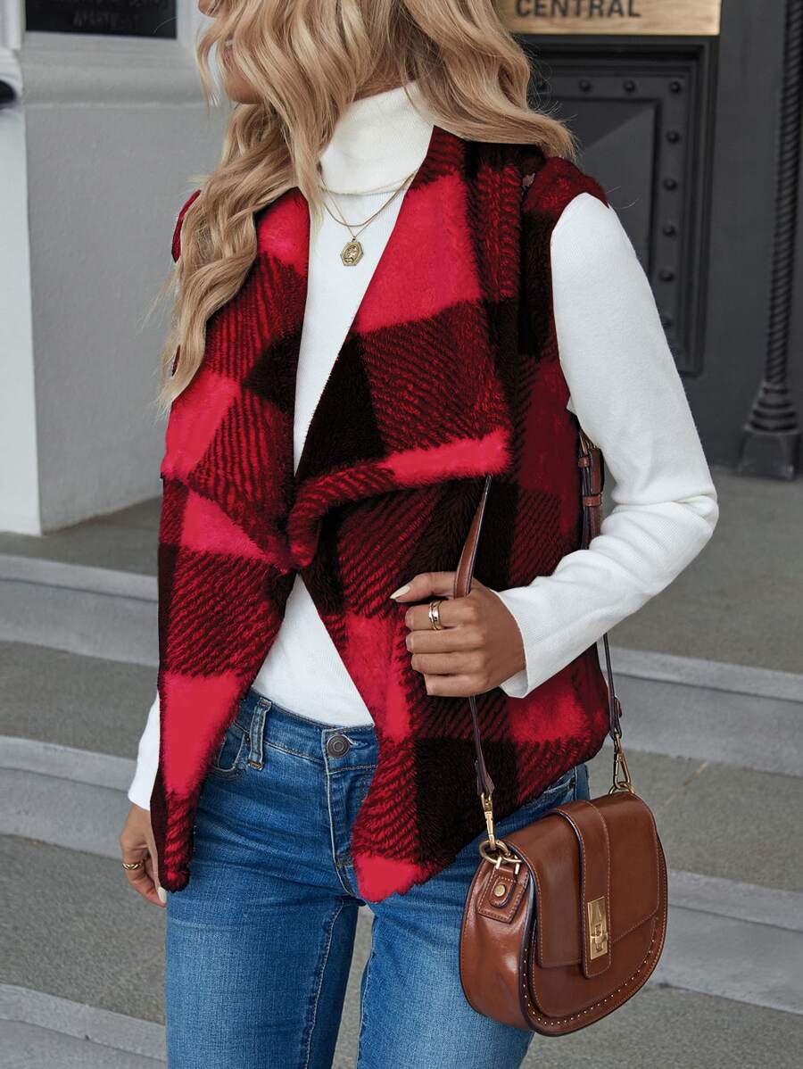 SHEIN LUNE Buffalo Plaid Print Open Front Teddy Vest Coat - Red - View 1