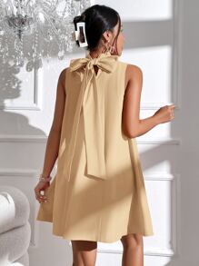 SHEIN Privé Tie Back High Neck Tank Dress - Khaki - View 1