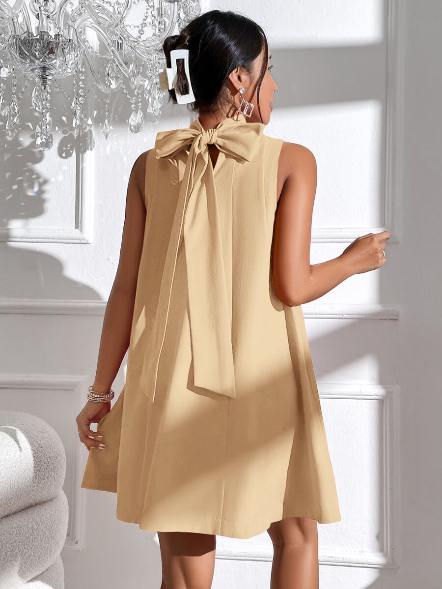 SHEIN Privé Tie Back High Neck Tank Dress - Khaki - View 1