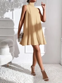 SHEIN Privé Tie Back High Neck Tank Dress - Khaki - View 3