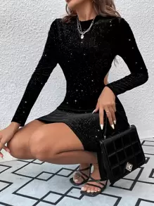 Chiquease Sequin Insert Velvet Bodycon Dress - Black - View 4