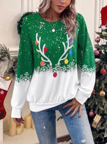 SHEIN LUNE Sudadera con estampado de Navidad de manga raglán - Verde - Ver 3