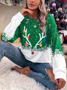 SHEIN LUNE Sudadera con estampado de Navidad de manga raglán - Verde - Ver 4