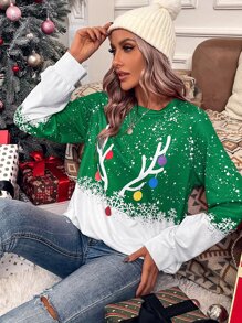 SHEIN LUNE Sudadera con estampado de Navidad de manga raglán - Verde - Ver 5