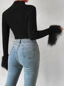 Allurite Mock Neck Fuzzy Cuff Crop Sweater - Black - View 2