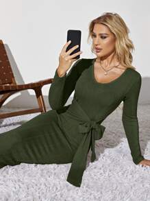 Chiquease Scoop Neck Tie Front Bodycon Dress - Army Green - View 6